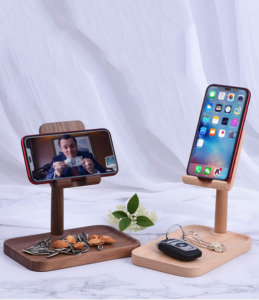 180 Degree Rotatable Wooden Mobile Phone Holder With Storage Tray