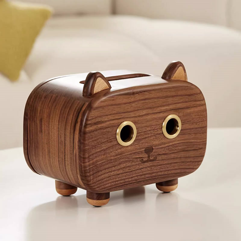 Abstract Artistic Wooden Cat-Shaped Tissue Box, Black Walnut Wood