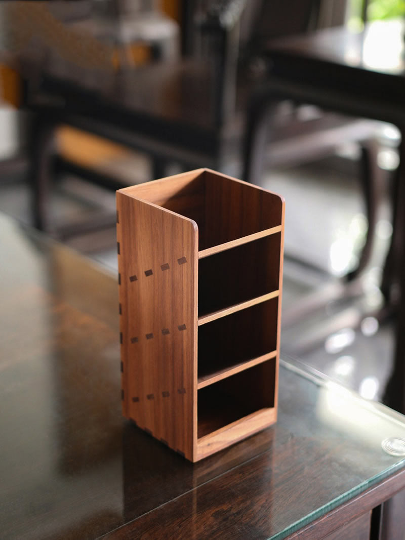 Classic Wooden Four grid Pen Holder,Office Desktop Organizer