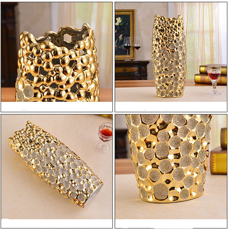 Golden Ceramic Artistic Hollow-Out Decorative Vase