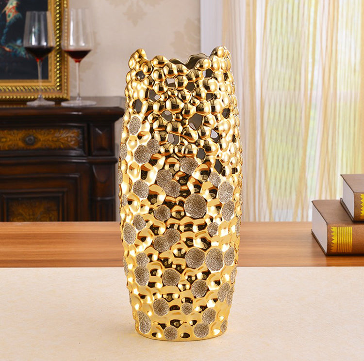 Golden Ceramic Artistic Hollow-Out Decorative Vase