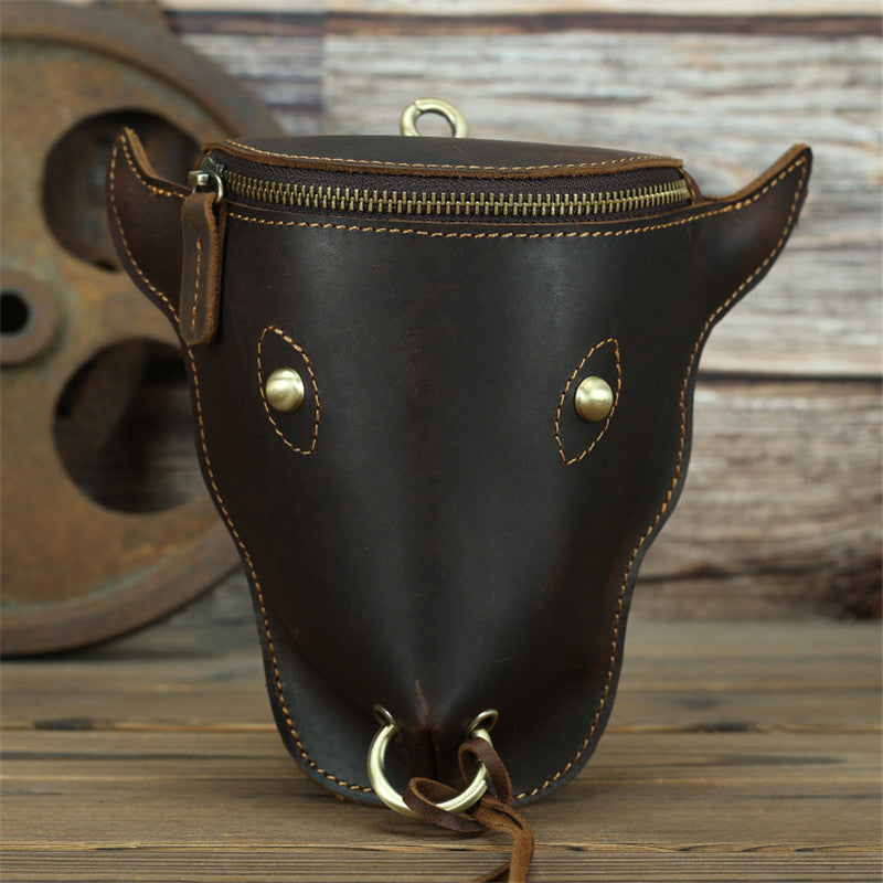 Classic Handmade Cowhide Leather Bull Belt Bag, Motorcycle Fanny Pack