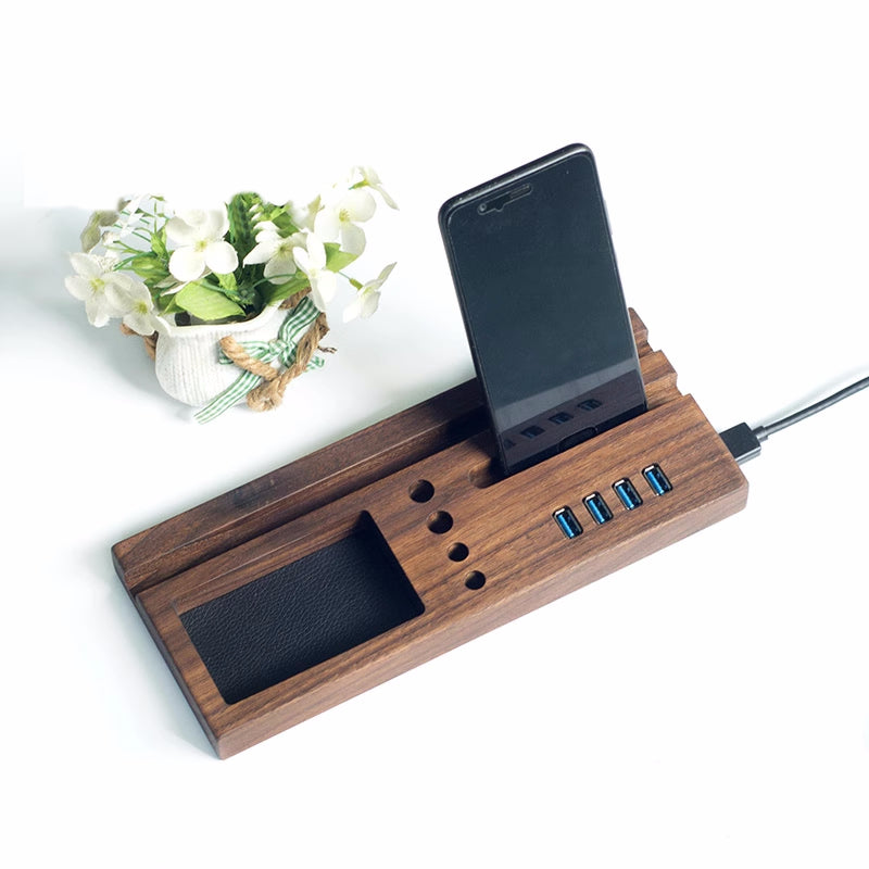 Classic Black Walnut Ipad Stand, Wooden Organization Pen Holder, Usb Hub