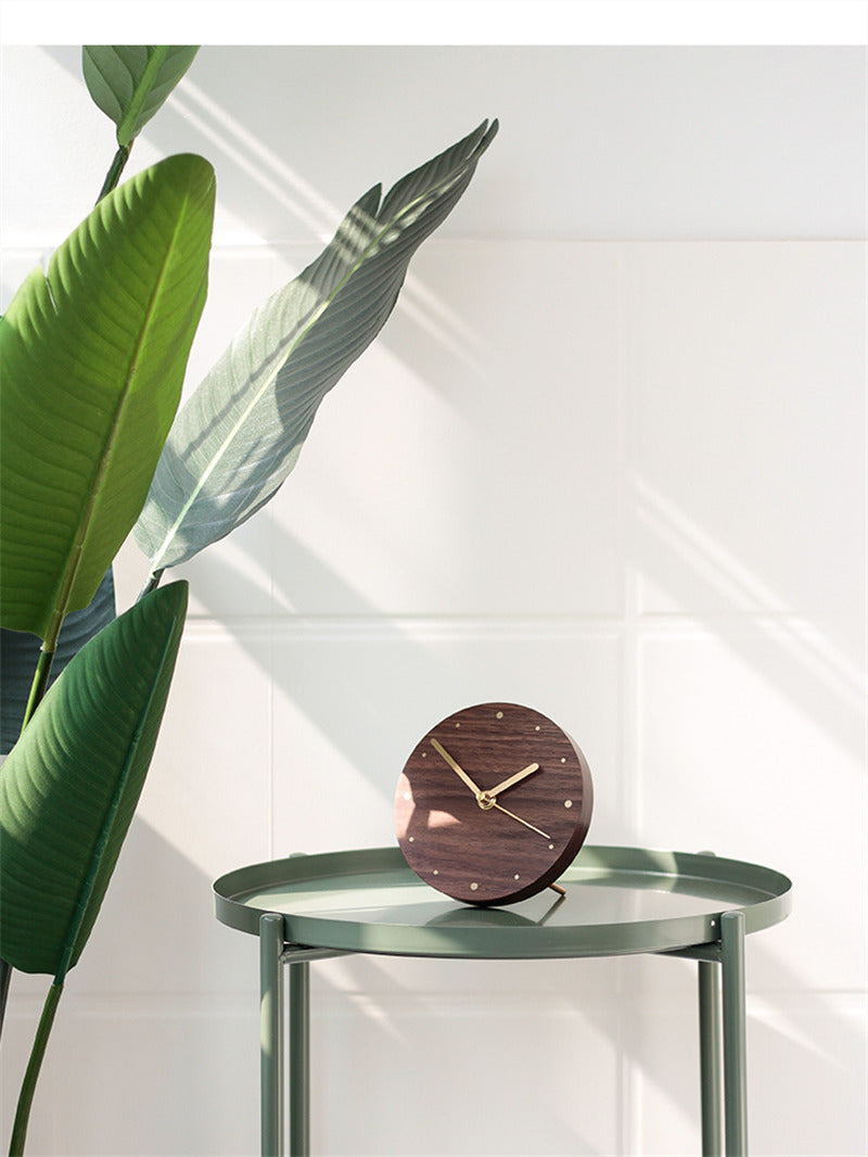 Classic Black Walnut Art Round Desk Clock with Brass Hands