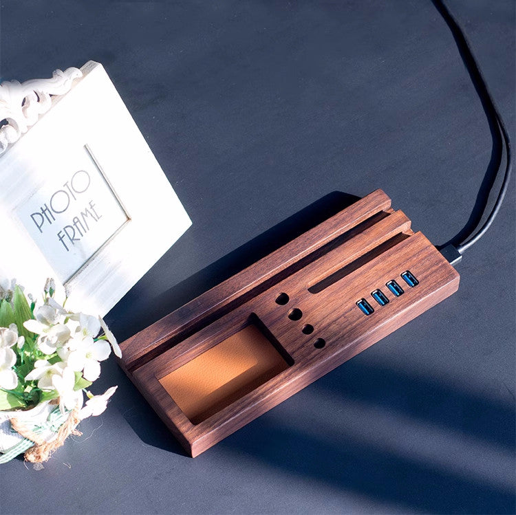 Classic Black Walnut Ipad Stand, Wooden Organization Pen Holder, Usb Hub