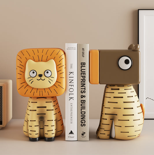 Abstract Cartoon Lion And Dog Bookends, Office Study Decorative Sculpture Ornaments