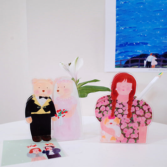 Acrylic Cartoon Girl,Bear Pen Holder: Cute and Functional Desk Organizer