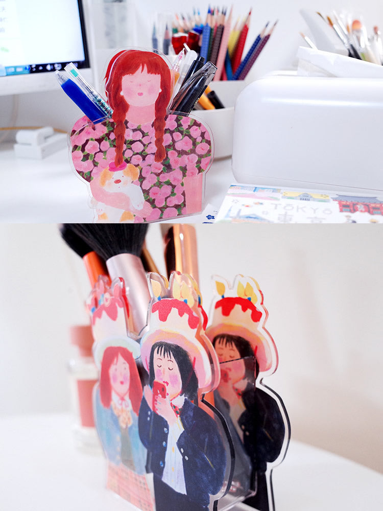 Acrylic Cartoon Girl,Bear Pen Holder: Cute and Functional Desk Organizer