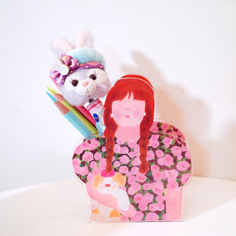 Acrylic Cartoon Girl,Bear Pen Holder: Cute and Functional Desk Organizer