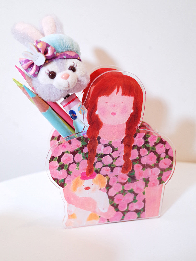 Acrylic Cartoon Girl,Bear Pen Holder: Cute and Functional Desk Organizer