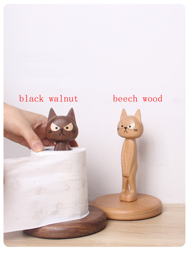 Angry Cat Wooden Roll Paper Holder, Alternative Art Desktop Decoration