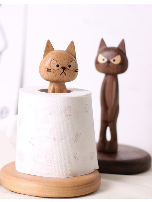 Angry Cat Wooden Roll Paper Holder, Alternative Art Desktop Decoration