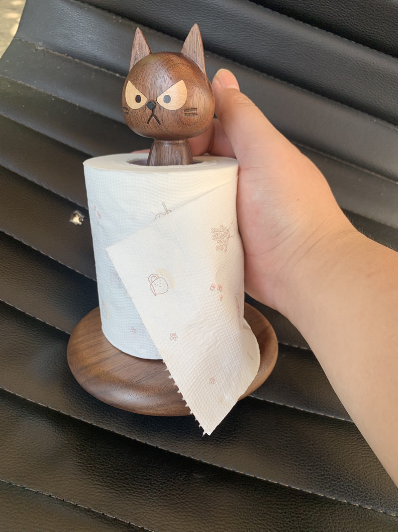 Angry Cat Wooden Roll Paper Holder, Alternative Art Desktop Decoration