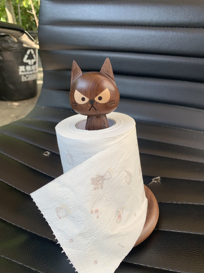 Angry Cat Wooden Roll Paper Holder, Alternative Art Desktop Decoration