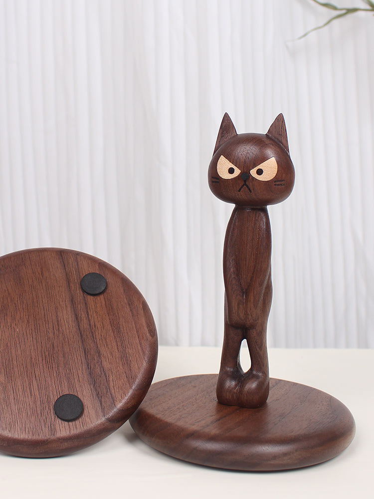 Angry Cat Wooden Roll Paper Holder, Alternative Art Desktop Decoration