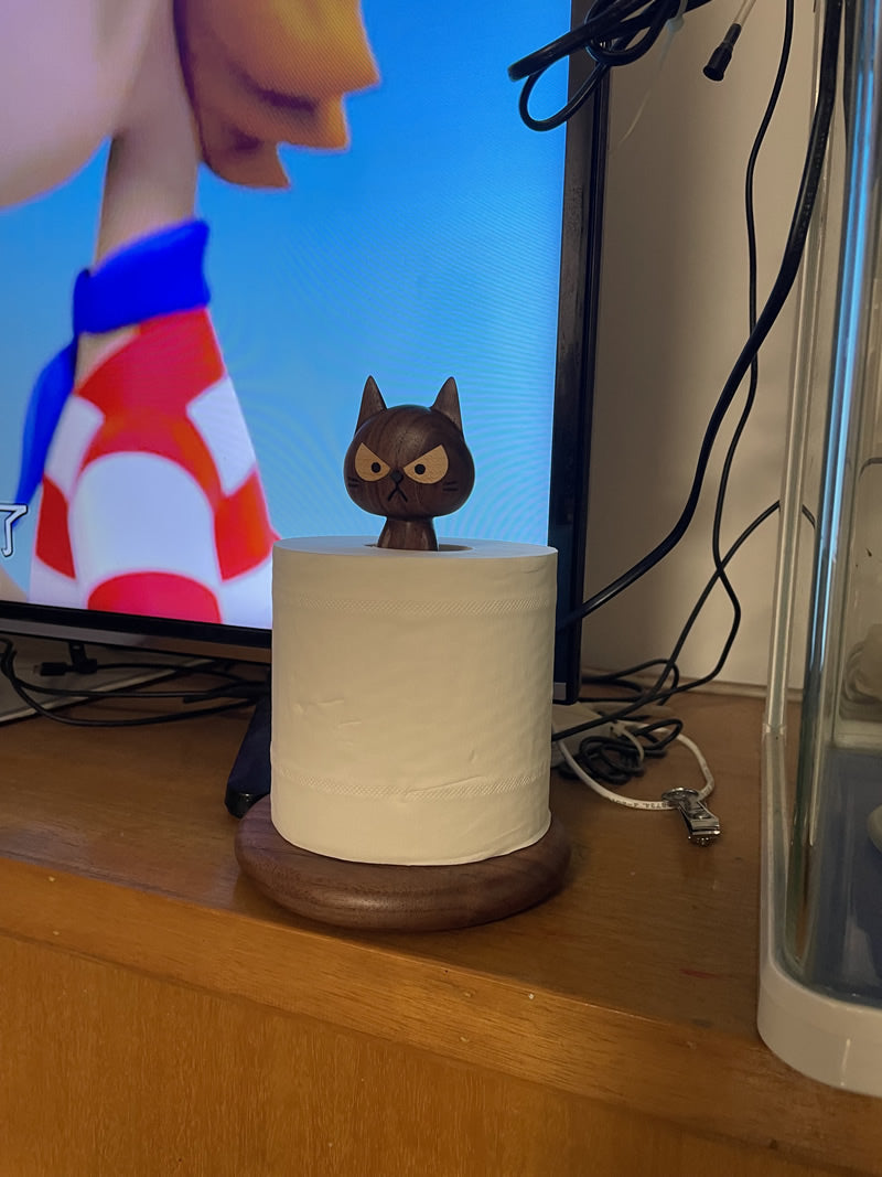 Angry Cat Wooden Roll Paper Holder, Alternative Art Desktop Decoration