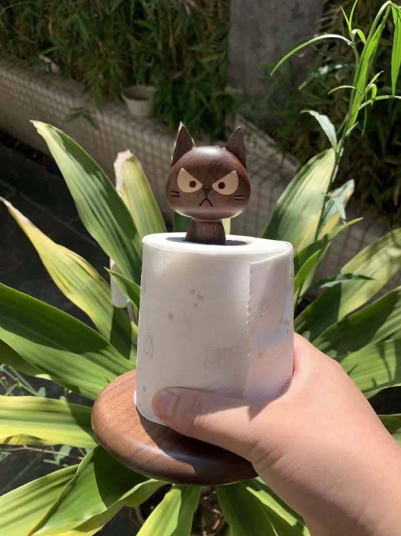 Angry Cat Wooden Roll Paper Holder, Alternative Art Desktop Decoration