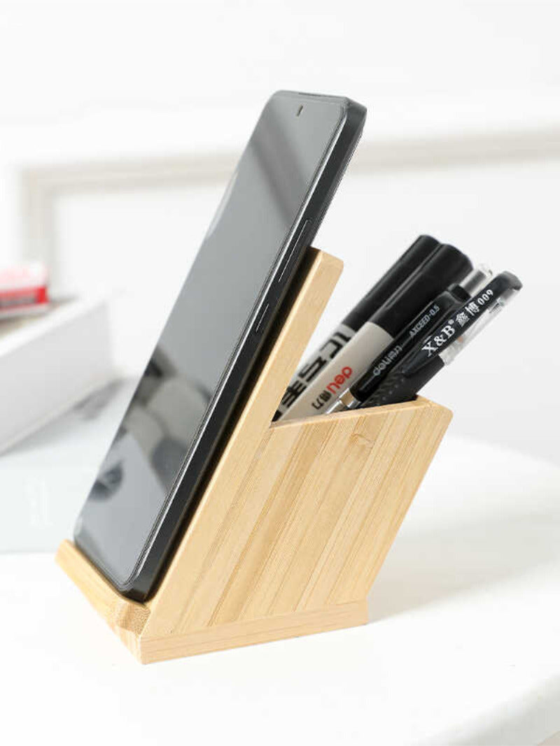 Bamboo Angled Desk Pen Holder with Phone Stand,Office Organizer