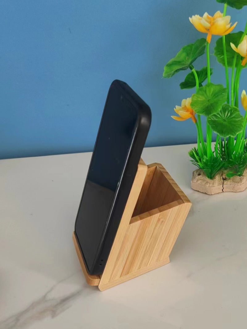 Bamboo Angled Desk Pen Holder with Phone Stand,Office Organizer