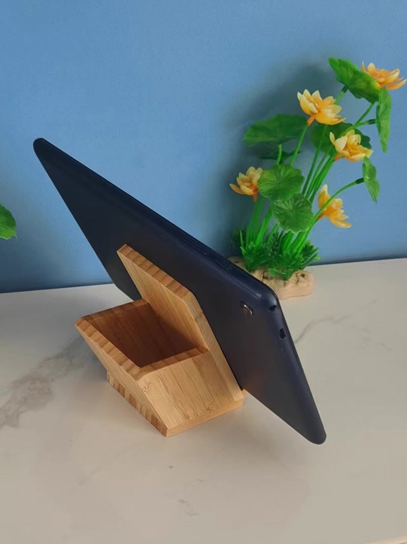 Bamboo Angled Desk Pen Holder with Phone Stand,Office Organizer