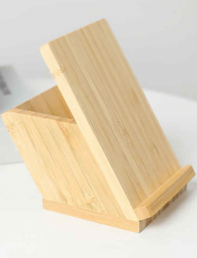 Bamboo Angled Desk Pen Holder with Phone Stand,Office Organizer