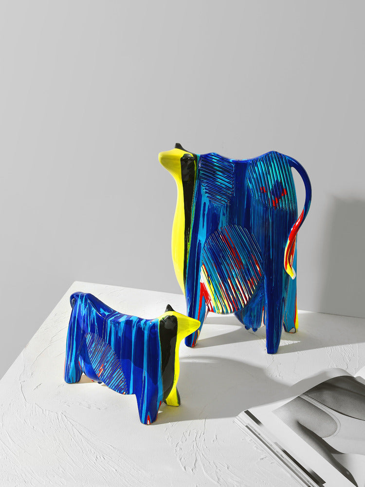 Beautifully Painted Abstract Cow Art Sculpture Ornaments, Home Office Decoration Ideas