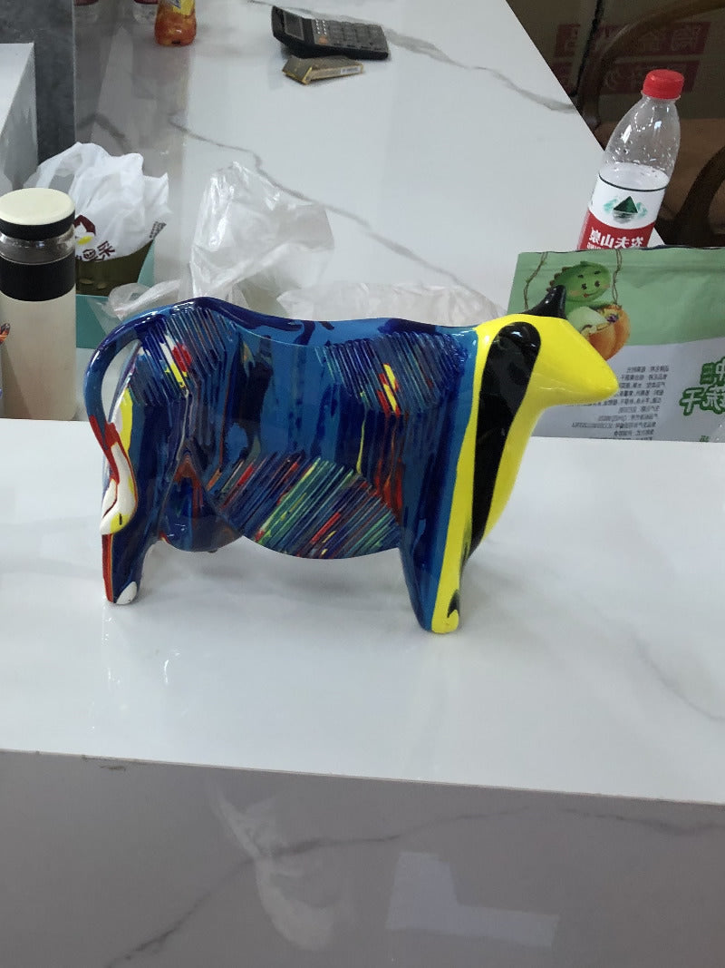 Beautifully Painted Abstract Cow Art Sculpture Ornaments, Home Office Decoration Ideas