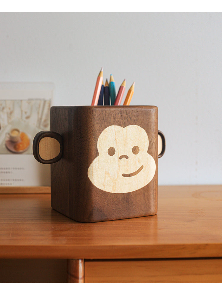 Big-Eared Monkey Wooden Pen Holder, Creative Desktop Organization, Fun Gift