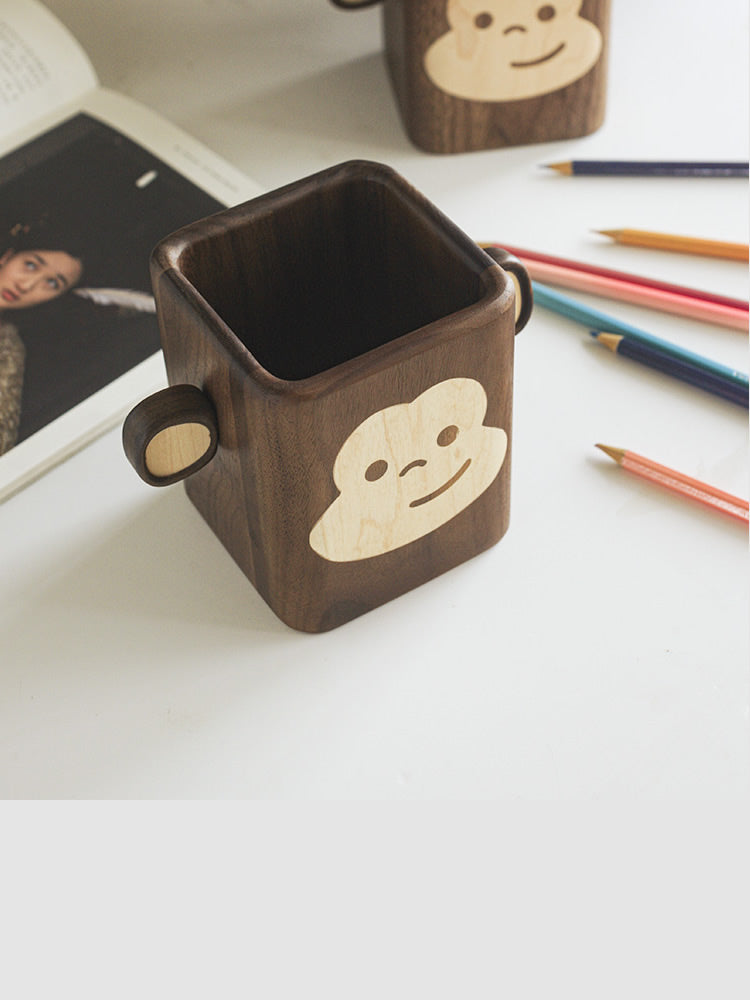 Big-Eared Monkey Wooden Pen Holder, Creative Desktop Organization, Fun Gift