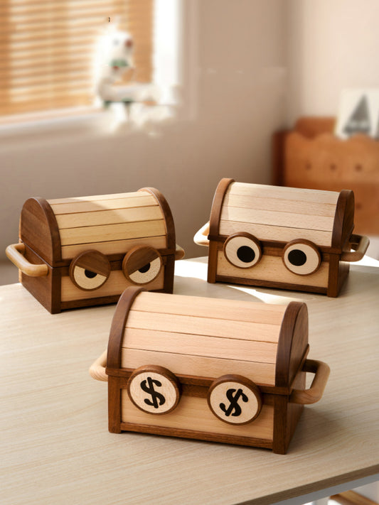 Big Eyes Smiling Face Wooden Savings Box, Storage Box,Small Treasure Box