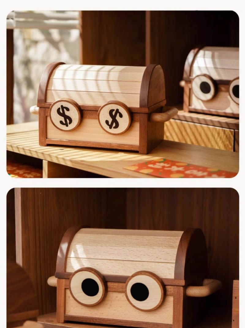 Big Eyes Smiling Face Wooden Savings Box, Storage Box,Small Treasure Box