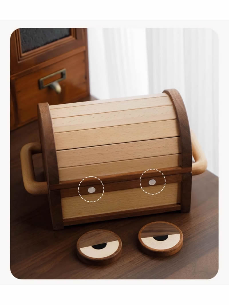 Big Eyes Smiling Face Wooden Savings Box, Storage Box,Small Treasure Box