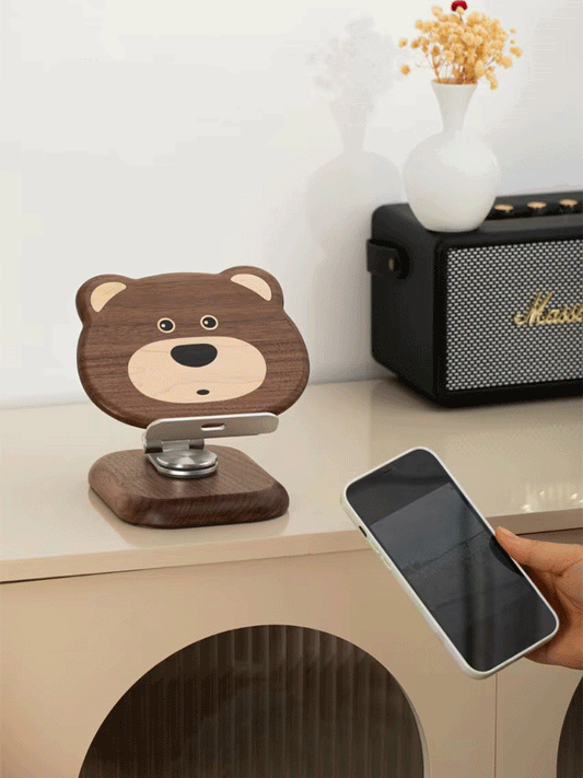 Black Walnut Bear Ipad Stand, Wooden Phone Holder ,Foldable Rotatable