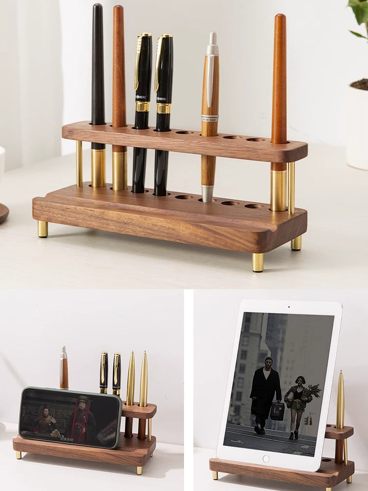 Black Walnut Brass Pen Holder,Wood Phone Holder,iPad Stand Business Card Holder