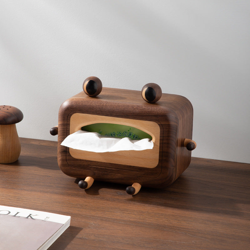 Wooden Cute Big-Eyed Frog Tissue Box,Black Walnut Classic Design