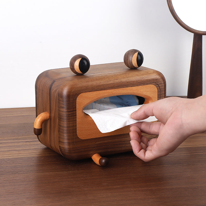 Wooden Cute Big-Eyed Frog Tissue Box,Black Walnut Classic Design