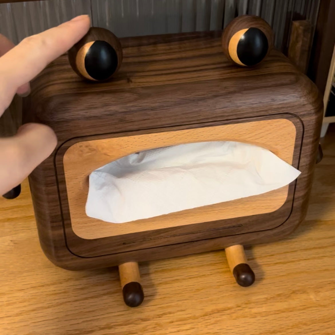 Wooden Cute Big-Eyed Frog Tissue Box,Black Walnut Classic Design