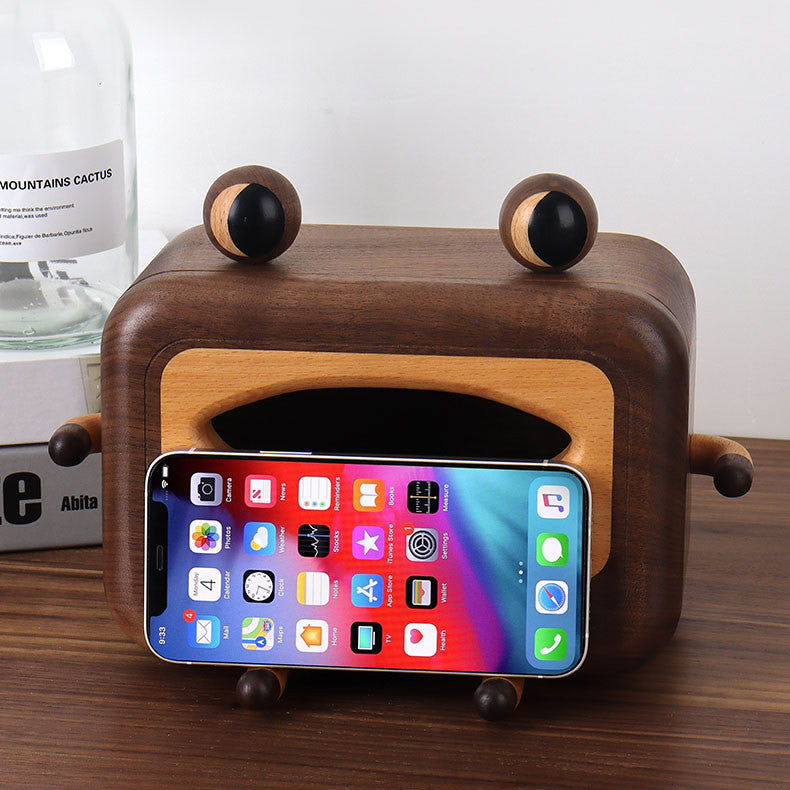 Wooden Cute Big-Eyed Frog Tissue Box,Black Walnut Classic Design