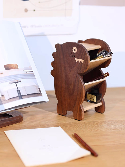 Black Walnut Dinosaur Multi-Layer Pen Holder - Wooden Office Supplies Organizer