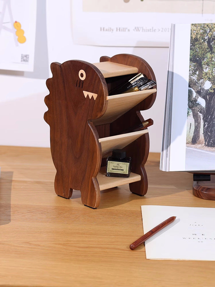 Black Walnut Dinosaur Multi-Layer Pen Holder - Wooden Office Supplies Organizer