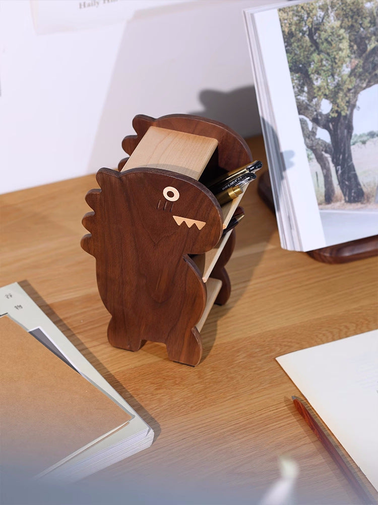 Black Walnut Dinosaur Multi-Layer Pen Holder - Wooden Office Supplies Organizer