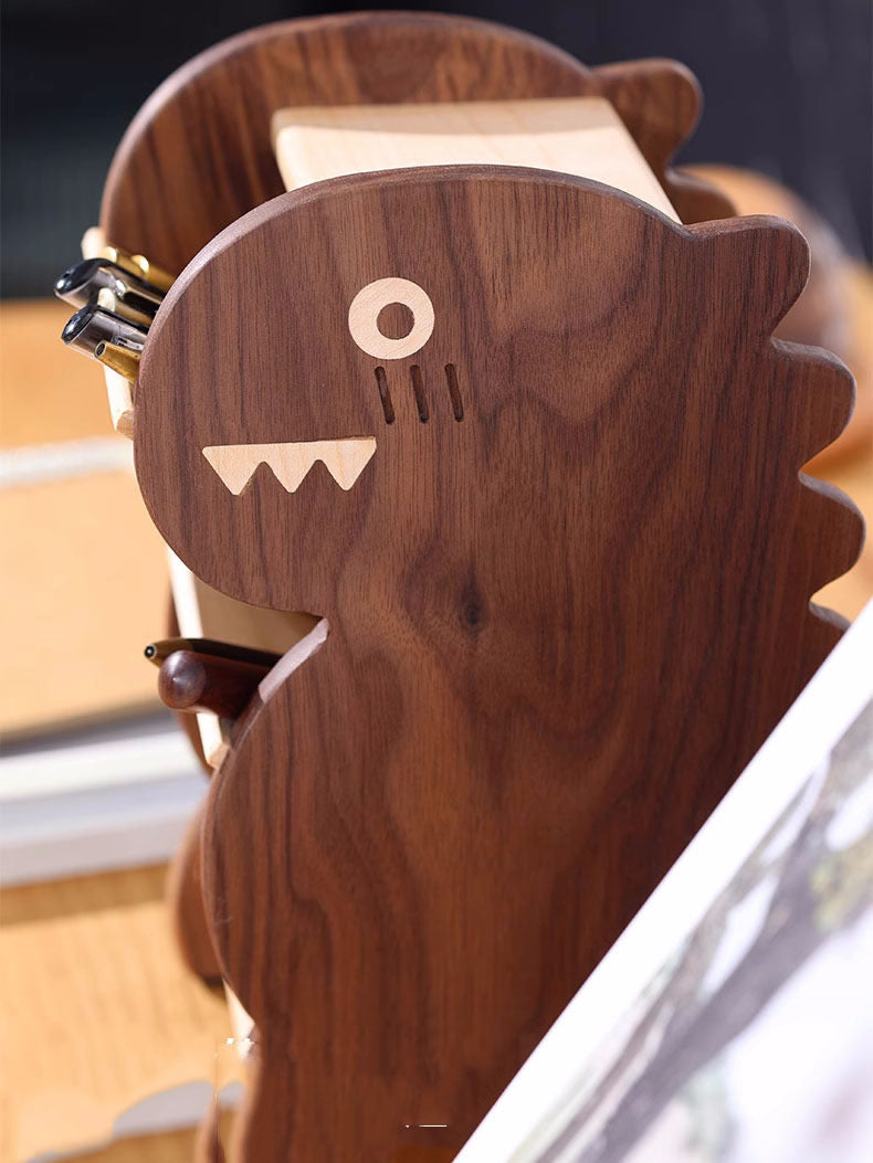 Black Walnut Dinosaur Multi-Layer Pen Holder - Wooden Office Supplies Organizer