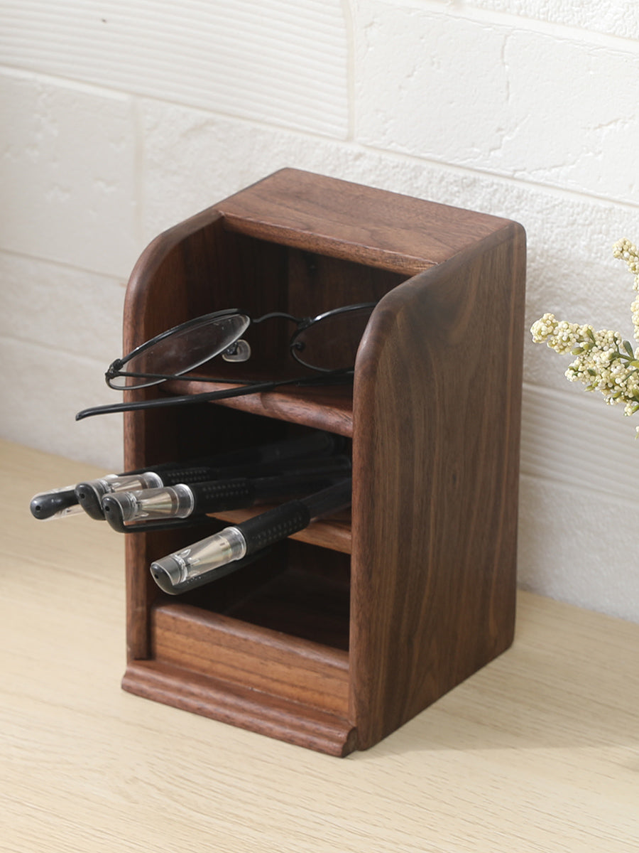 Black Walnut Office Organization Pen Holder, Desktop Storage Box