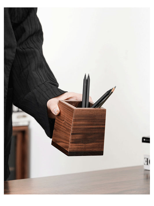 Black Walnut Square Pen Holder: Premium Wooden Desk Accessory