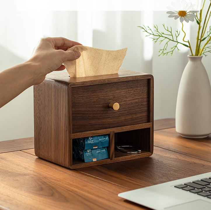 Black Walnut Tabletop Organizer Tissue Box With Two Storage Boxes, Living Room Decoration