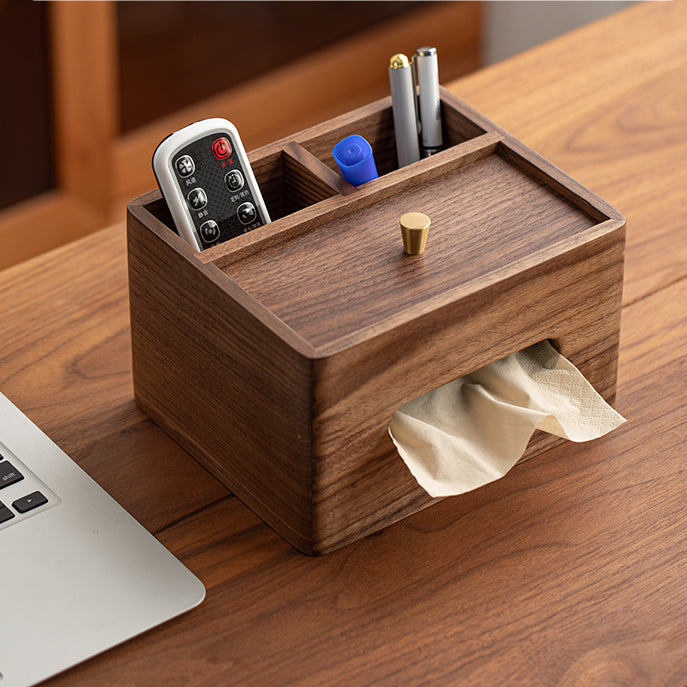 Black Walnut Tabletop Organizer Tissue Box With Two Storage Boxes, Living Room Decoration