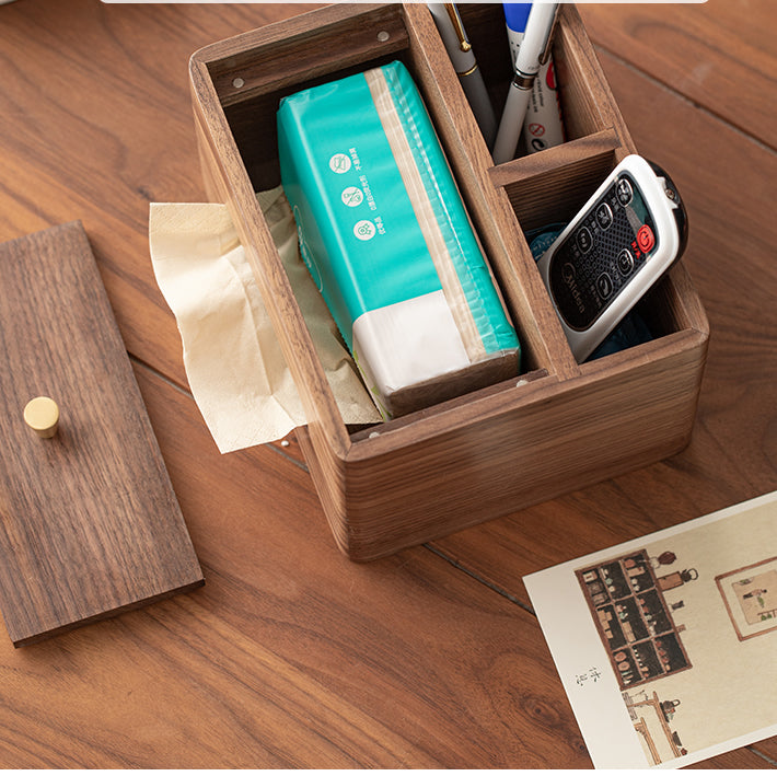 Black Walnut Tabletop Organizer Tissue Box With Two Storage Boxes, Living Room Decoration