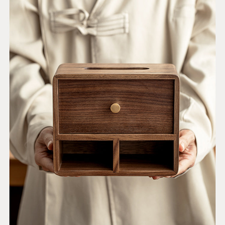 Black Walnut Tabletop Organizer Tissue Box With Two Storage Boxes, Living Room Decoration