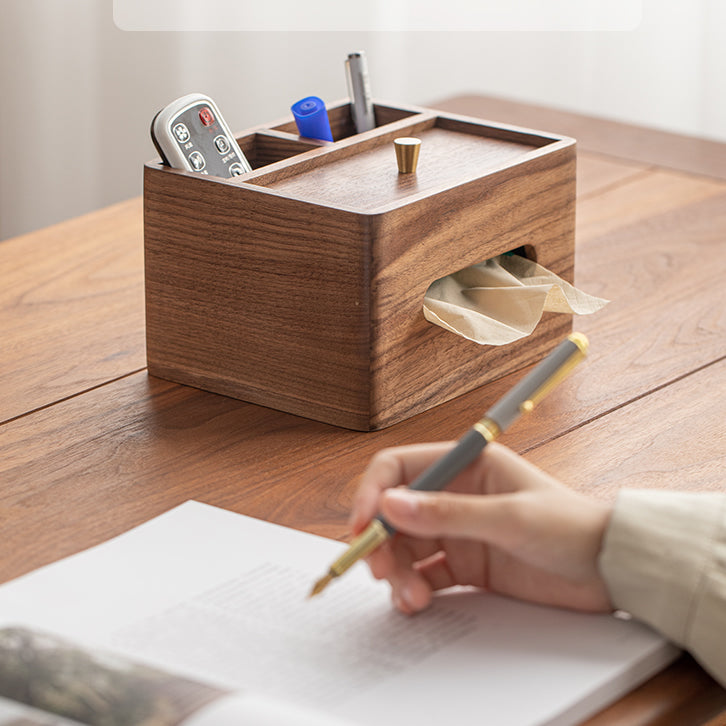 Black Walnut Tabletop Organizer Tissue Box With Two Storage Boxes, Living Room Decoration