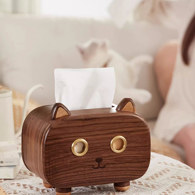 Abstract Artistic Wooden Cat-Shaped Tissue Box, Black Walnut Wood